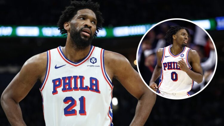 Joel Embiid (left) and Tyrese Maxey (right) of the Philadelphia 76ers during games.