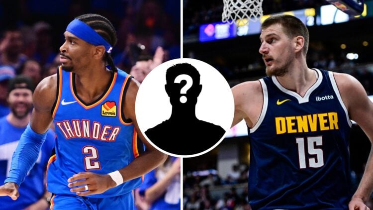Shai Gilgeous-Alexander (left) of the Oklahoma City Thunder, Nikola Jokic (right) of the Denver Nuggets and a mystery person