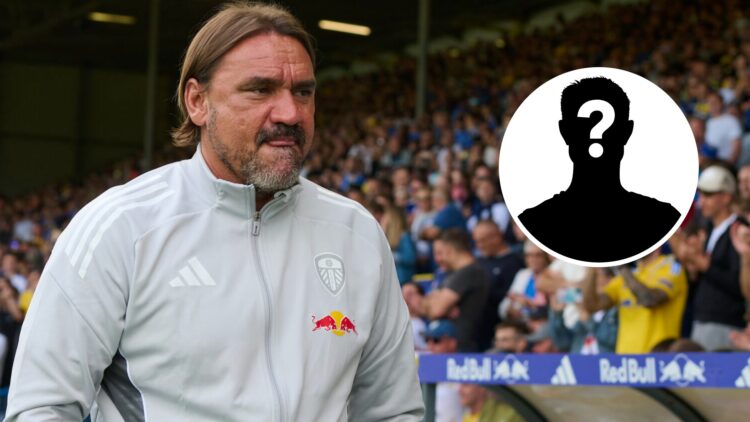 Daniel Farke looks on before a Leeds United match alongside a mystery player inset