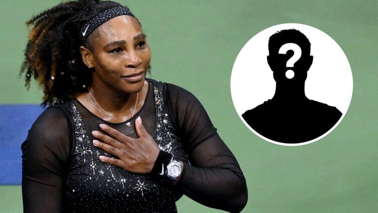 Serena Williams looks on (left) with a mystery player inset (right)