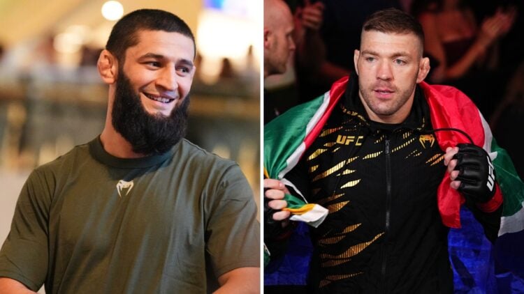 Dricus Du Plessis (right) is seen on stage during the UFC 305 press conference, Khamzat Chimaev (left) at the open workouts