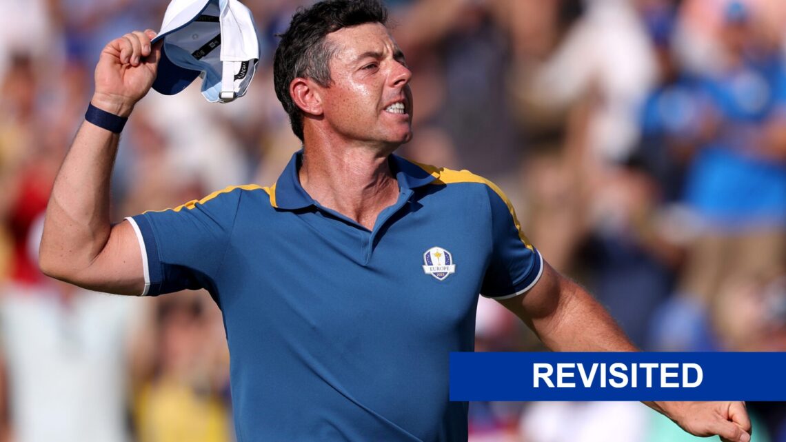 Rory McIlroy celebrates at the 2023 Ryder Cup, and a revisited banner