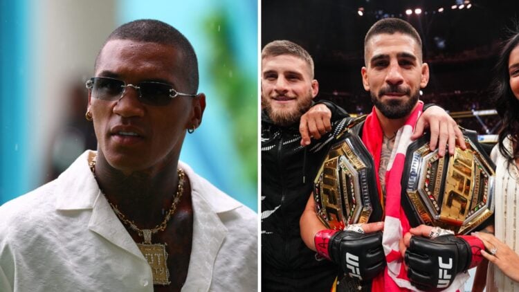 Conor Benn (left) in the Paddock prior to the F1 Grand Prix of Miami, Ilia Topuria (right) reacts to win