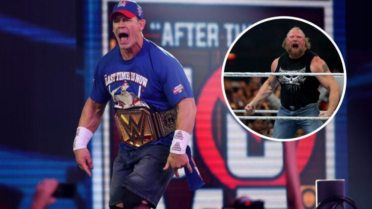 John Cena making his entrance at WWE SummerSlam with an inset of Brock Lesnar