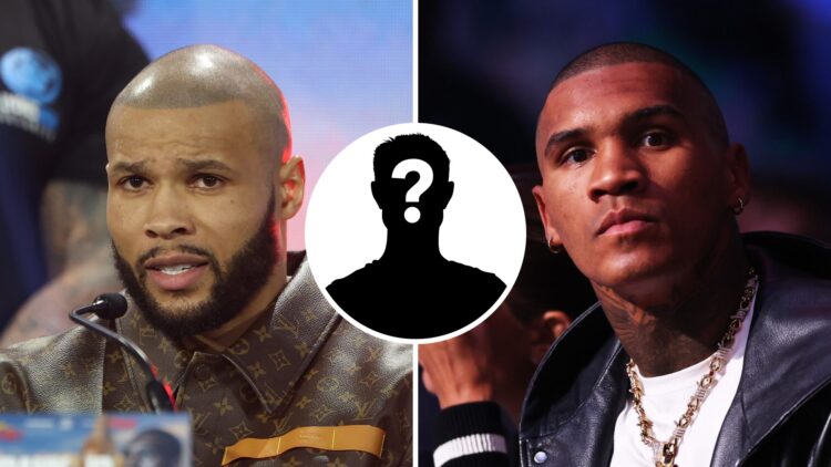 Chris Eubank Jr (left) at the Final Press Conference ahead of their Middleweight Contest, Conor Benn (right) ringside for a fight