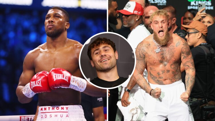 Jake Paul (right) reacts during the ceremonial weigh-in with Mike Tyson, Dave Allen (middle) press conference, Anthony Joshua (left) in the ring