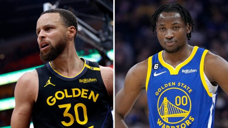 Steph Curry (left) and Jonathan Kuminga (right) of the Golden State Warriors