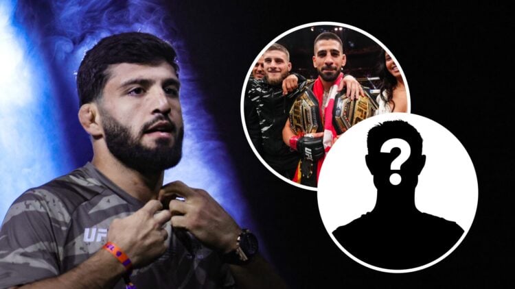 Arman Tsarukyan (left) poses at UFC event, Ilia Topuria (top right) reacts to win