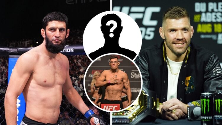 Khamzat Chiaev (left) poses in the cage, Dricus Du Plessis (right) speaks at press conference, Caio Borralho (middle) of Brazil poses on the scale ...