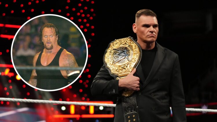 Gunther (right) makes his entrance during Monday Night RAW, The Undertaker (left) poses at Wrestlemania XX