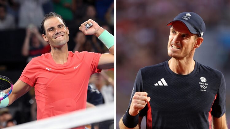 Andy Murray performing at the 2024 Olympics and Rafael Nadal celebrating a win