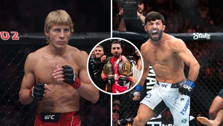 Paddy Pimblett (left) before his fight with Jordan Leavitt, Ilia Topuria (middle) celebrates after title retained, Arman Tsarukyan (right) celebrat...