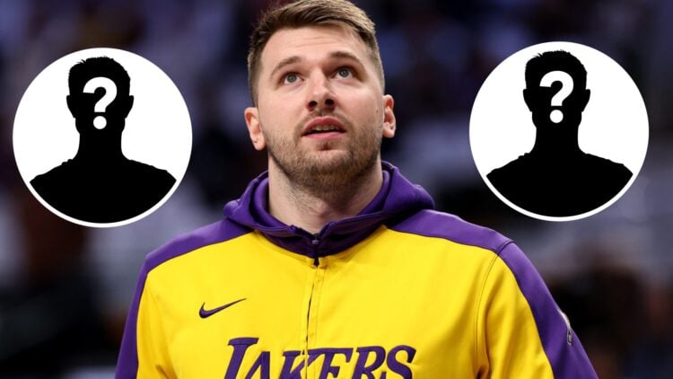 Luka Doncic warms up for the LA Lakers (centre) and two mystery people to the left and right