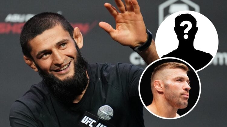 Dricus Du Plessis (right) poses in cage, Khamzat Chimaev (left) waves at UFC press conference