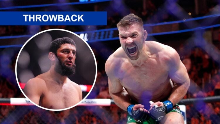 Dricus Du Plessis (right) celebrates after defeating Robert Whittaker in a middleweight bout, Khamzat Chimaev (left) looks on in the Octagon