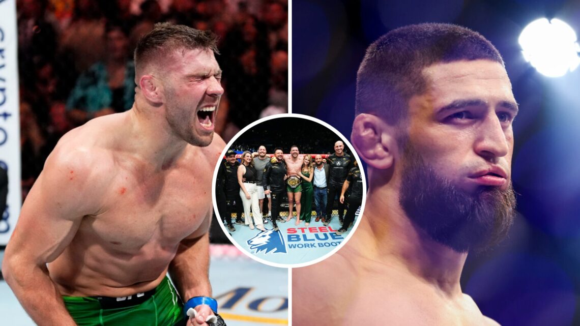 Dricus Du Plessis (middle) reacts after his submission victory against Israel Adesanya, Dricus Du Plessis (left) reacts after his win, Khamzat Chim...
