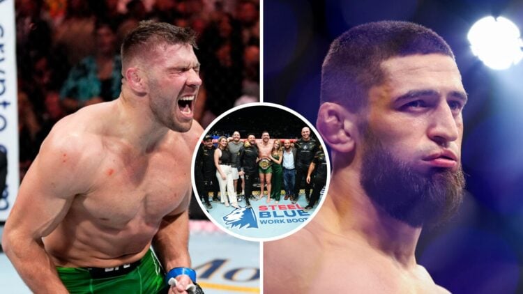 Dricus Du Plessis (middle) reacts after his submission victory against Israel Adesanya, Dricus Du Plessis (left) reacts after his win, Khamzat Chim...