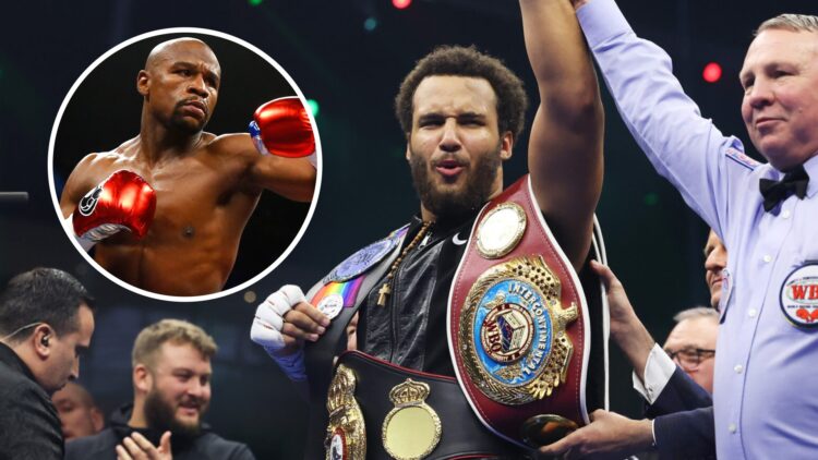 Moses Itauma (right) raises hand in victory, Floyd Mayweather (left) fighting in the ring