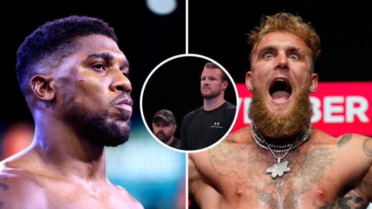 Jake Paul (right) gestures during his weigh-in ahead of his heavyweight boxing match, Anthony Joshua (left) poses in the ring, Ben Davison (middle)...