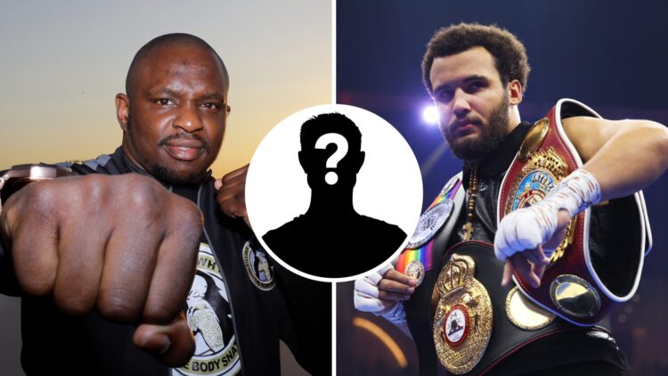Dillian Whyte (left) poses for a portrait during the Clash On The Dunes Press Conference, Moses Itauma (right) poses with belts after victory