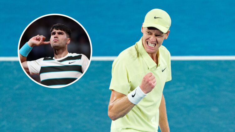 Jannik Sinner celebrating a point at the Australian Open with an inset of Carlos Alcaraz