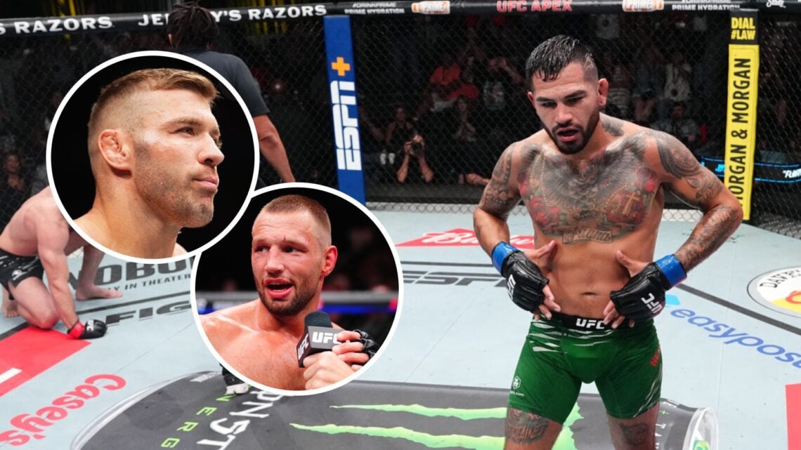 Reinier de Ridder (left) reacts after a split-decision victory against Robert Whittaker, Dricus Du Plessis (left) in cage before fight, Anthony Her...