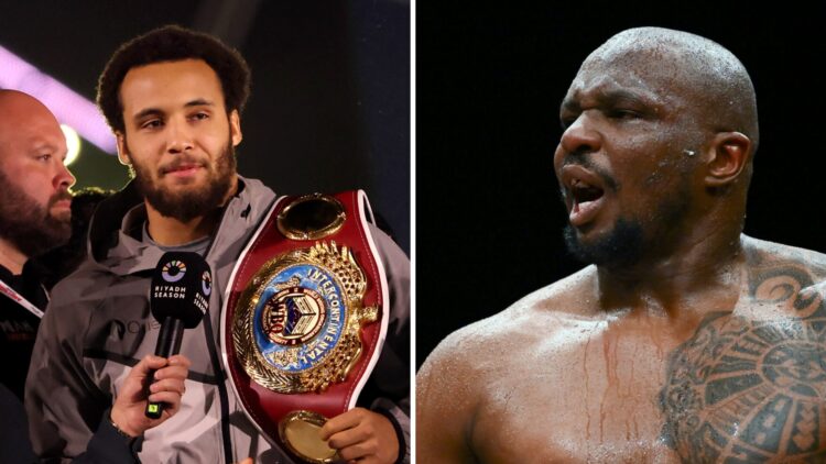 Moses Itauma (left) speaks to the media, Dillian Whyte (right) shouts after victory