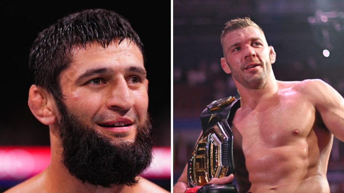 Dricus du Plessis (right) celebrates his victory over Sean Strickland, Khamzat Chimaev (left) celebrates after Robert Whittaker victory