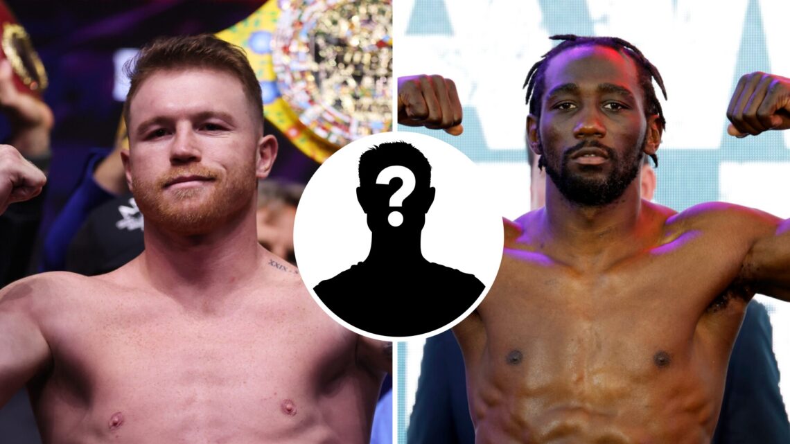 Terence Crawford (right) poses on the scale after his official weigh-in, Canelo Alvarez (left) poses on the scale after his official weigh-in