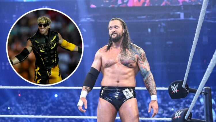 Karrion Kross during his WWE Night of Champions match against Sami Zayn with an inset of Logan Paul