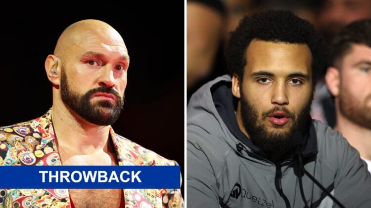 Tyson Fury (left) looks on as he is interviewed by DAZN, Moses Itauma (right) speaks to media