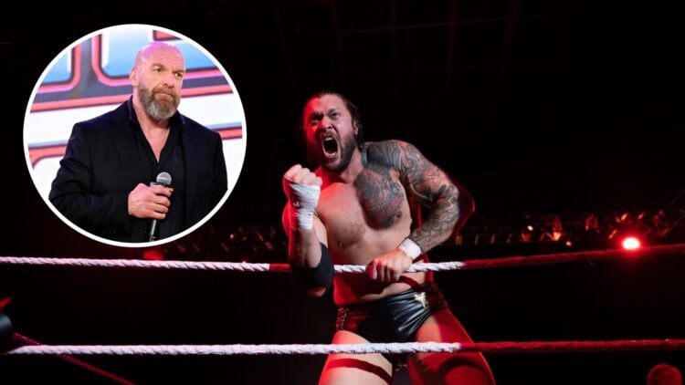 Karrion Kross at a WWE house show in Glasgow, Scotland with an inset of Triple H