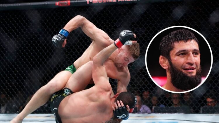 Dricus Du Plessis (left) punches Robert Whittaker in a middleweight bout, Khamzat Chimaev (right) looks on in the Octagon