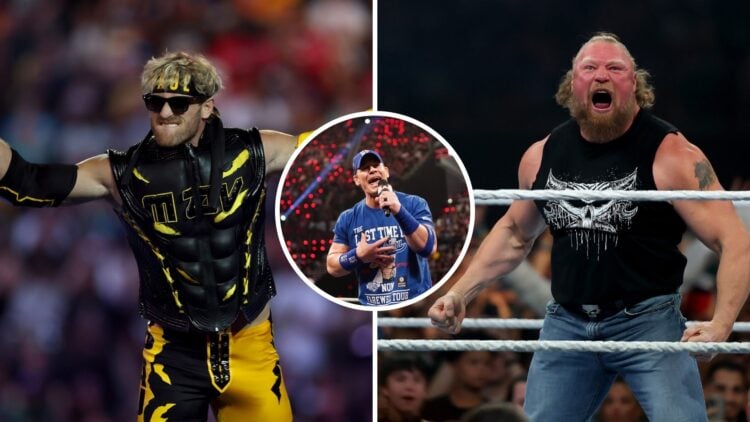 Logan Paul and Brock Lesnar appearing at WWE SummerSlam in 2025 with an inset of John Cena