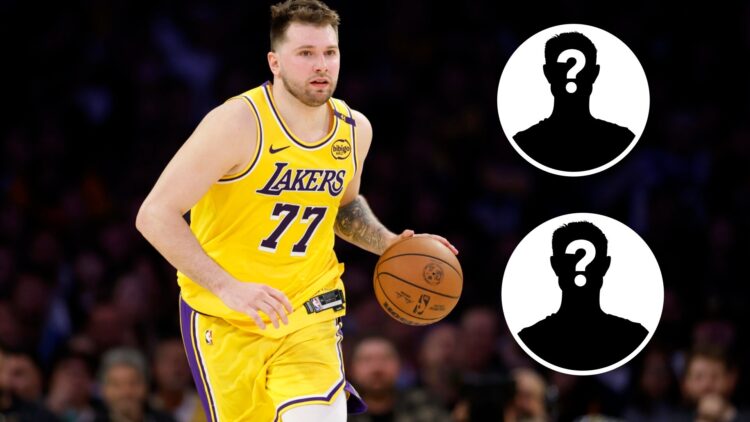 Luka Doncic (left) dribbling a basketball, and two mystery people (right)