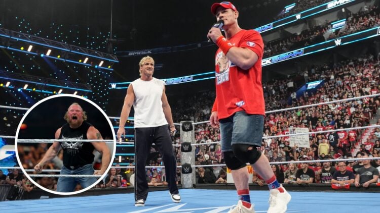 John Cena and Logan Paul sharing the ring on WWE SmackDown with an inset of Brock Lesnar
