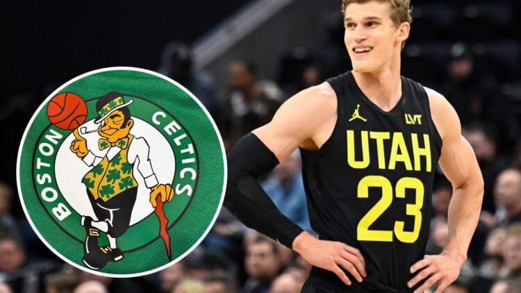Lauri Markkanen (right) on court for the Utah Jazz, and the Boston Celtics' logo (left)