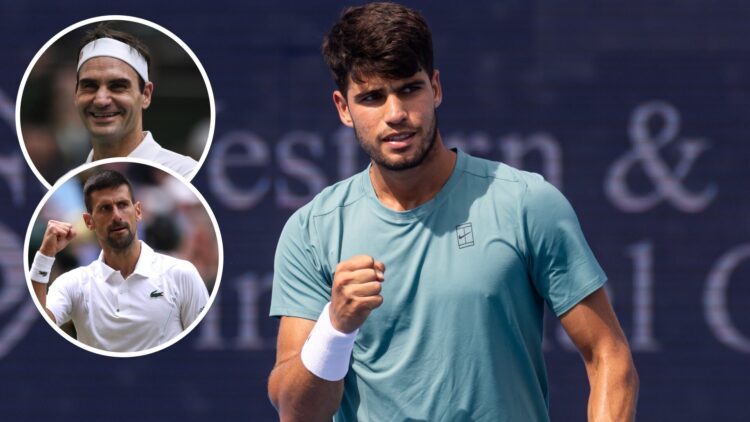 Carlos Alcaraz celebrating a win at the 2025 Cincinnati Open with insets of Roger Federer and Novak Djokovic
