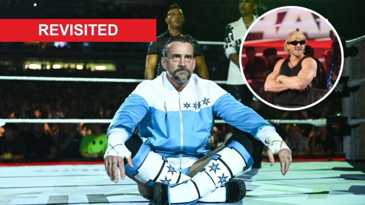CM Punk awaiting Gunther for their WWE SummerSlam match with an inset of Logan Paul