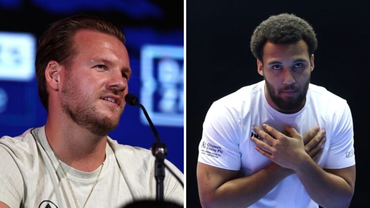 Ben Davison (left) Head trainer of Anthony Joshua looks on during the Anthony Joshua v Daniel Dubois, Moses Itauma (right) bows ahead of open workouts