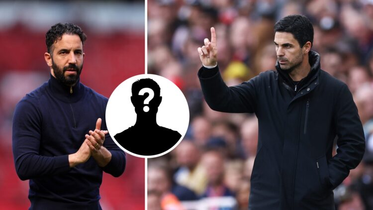 Ruben Amorim (L) applauds his Manchester United team during a Premier League, Mikel Arteta (R) instructs his Arsenal team during a Premier League g...