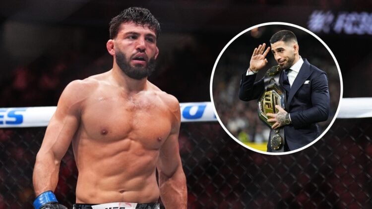 Arman Tsarukyan (left) walks into Octagon, Ilia Topuria (right) poses at the Bernabeu