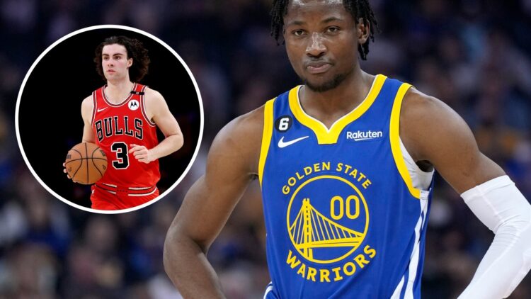 Jonathan Kuminga #00 of the Golden State Warriors (right) and Josh Giddey of the Chicago Bulls (left)