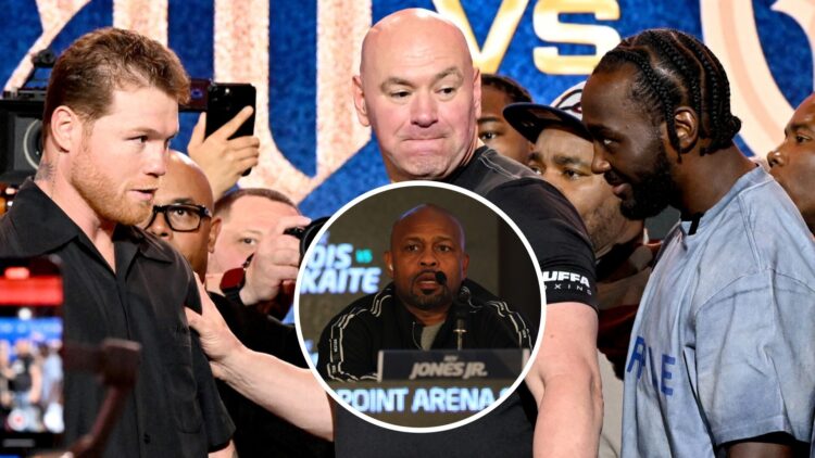 (L-R) Canelo Alvarez, Dana White, and Terence Crawford onstage during Fanatics Fest, Roy Jones Jr (middle) speaks at press conference