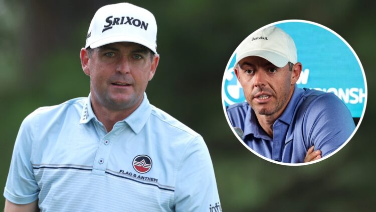 Keegan Bradley (left) looks on at the St. Jude Championship, and Rory McIlroy (right) speaks to the media