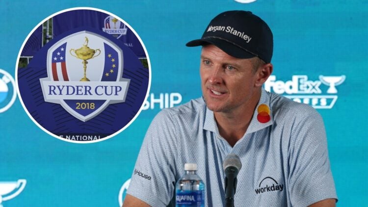 Justin Rose (right) speaks to the media, and the 2018 Ryder Cup logo (left)