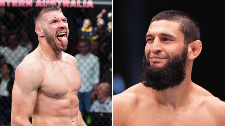 Khamzat Chimaev (right) in the Octagon ahead of the Kamaru Usman fight, Dricus Du Plessis (left) poses with his tongue out after beating Israel Ade...