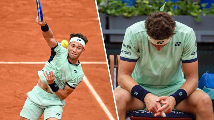 Casper Ruud in the French Open 2025 volleying a ball (left) and Ruud looking deflated after an injury (right)