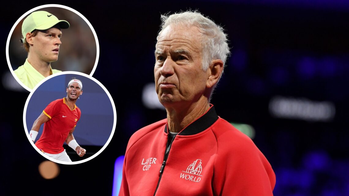 John McEnroe at the 2022 Laver Cup with insets of Rafael Nadal and Jannik Sinner on the tennis court