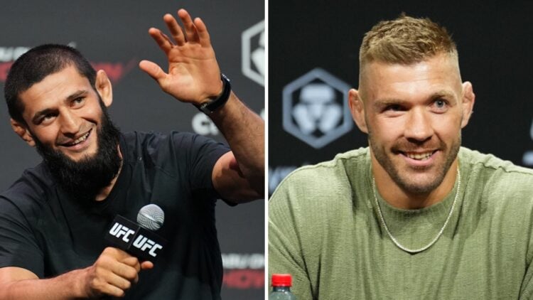 Dricus Du Plessis (right) speaks at press conference, Khamzat Chimaev (left) waves at press conference